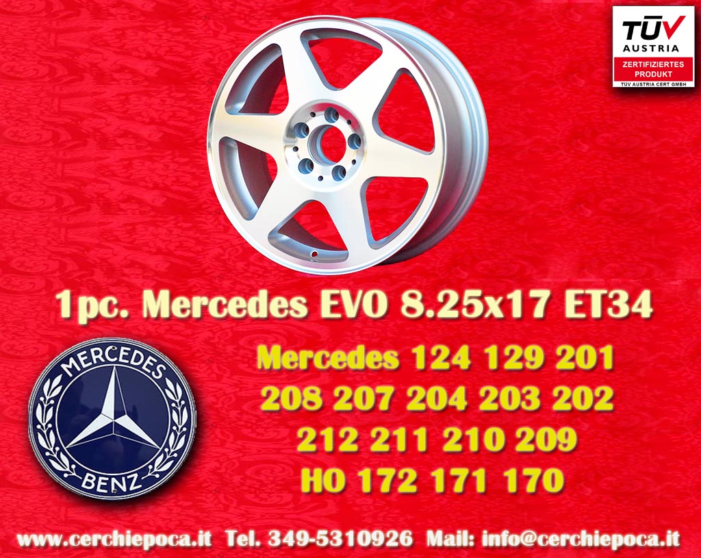 Mercedes Evolution Mercedes 203 (C-Klasse), 204 (C-Klasse, Limousine, Coupé), HO (C-Klasse), 203CL (C-Klasse, Sportcoupé), 203K, 204K (C-Klasse, T-Modell), 203CL (CLC-Klasse), 208, 209 (CLK-Klasse), 210 (E-Klasse), 204 (C-Klasse 4matic, Coupé, Cabrio), 204K (T-Modell 4matic), 212 (E-Klasse), 210K (E-Klasse T-Modell), 170 SLK, 171 SLK, 172 (SLK; SLC-Klasse), 124C (200E-E36 AMG), 124 (200D-E500), 201 (190), 202 (C-Klasse), 129 (280SL-SL600AMG), 211, 211 AMG, 211K, 211K AMG (E55 AMG, E63 AMG; Limousine, T-Modell), 207 (E-Klasse; Coupé, Cabrio), 209 (CLK), 140 (280SE - 600SEL)  8.25x17 ET34 5x112 c/b 66.6 mm Wheel