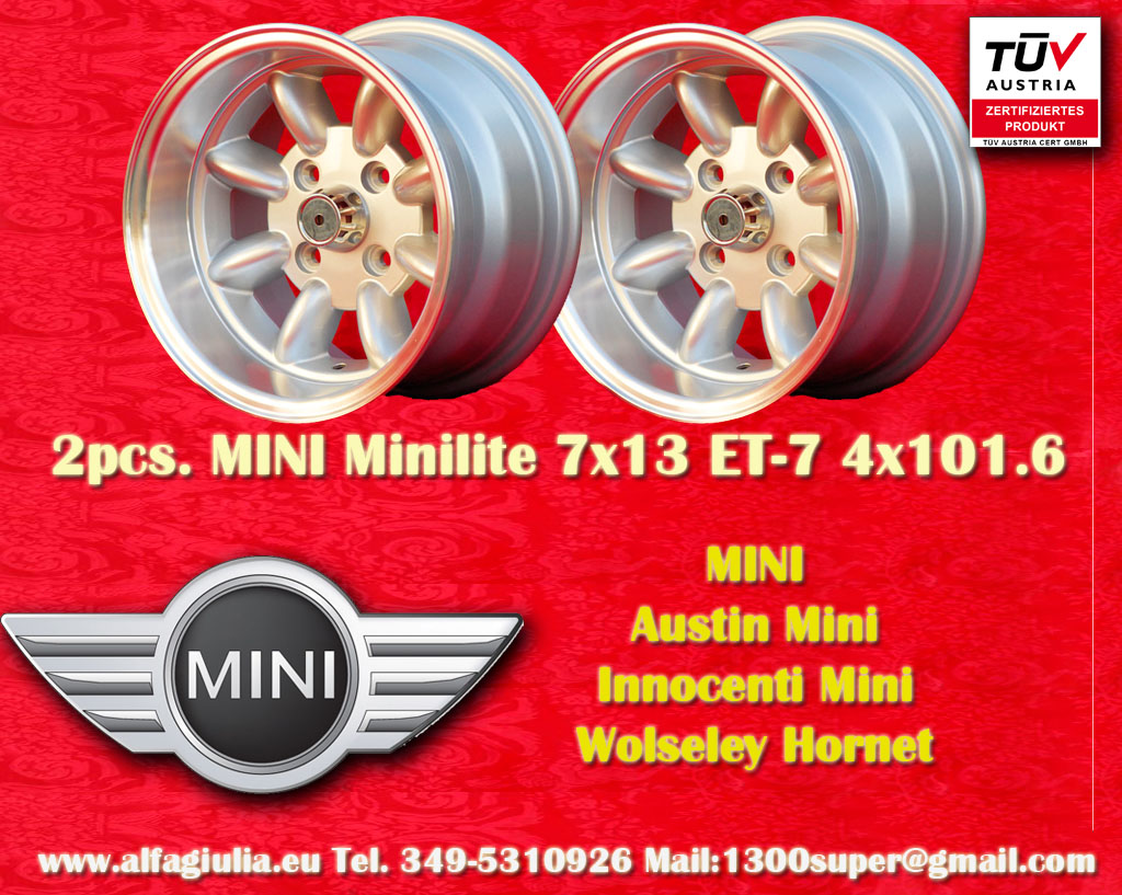 Mini Minilite Mini Mk1-3 850 1000 1275 GT Riley Elf Wolseley Hornet  7x13 ET1-7 4x101.6 c/b 65.1 mm Wheel