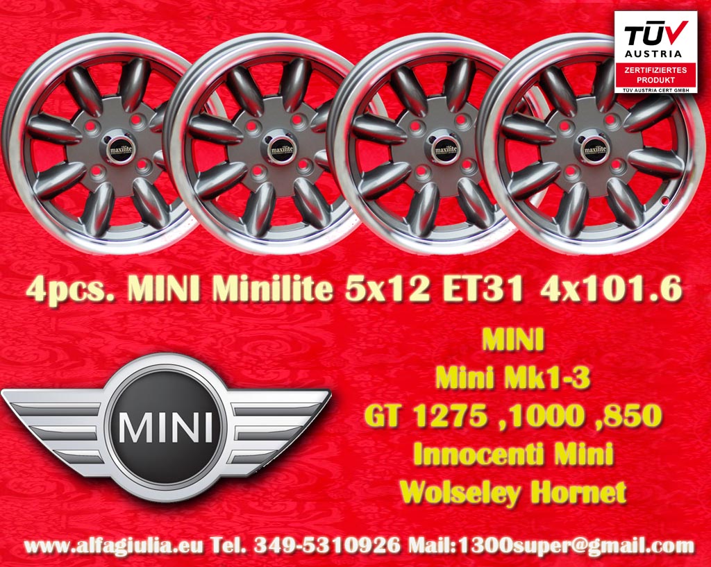 Mini Minilite Mini Mk1-3 850 1000 1275 GT Riley Elf Wolseley Hornet  5x12 ET31 4x101.6 c/b 65.1 mm Wheel