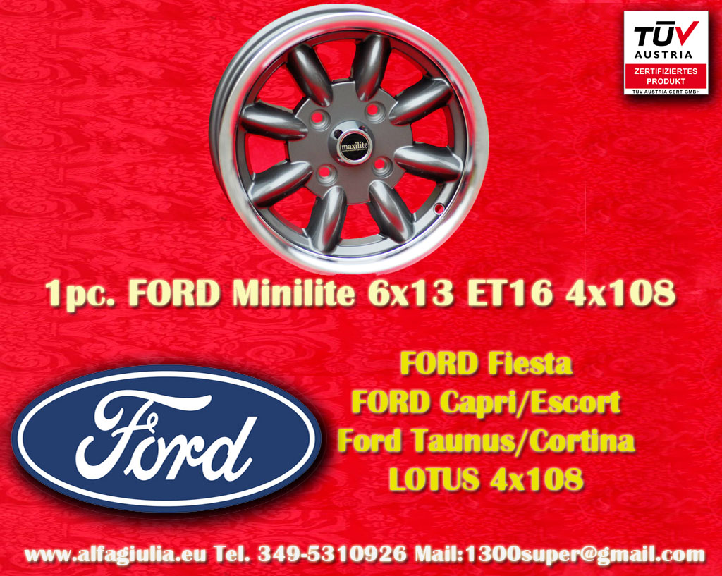 Ford Minilite Capri Taunus Escort Cortina Lotus Talbot  6x13 ET16 4x108 c/b 63.4 mm Wheel