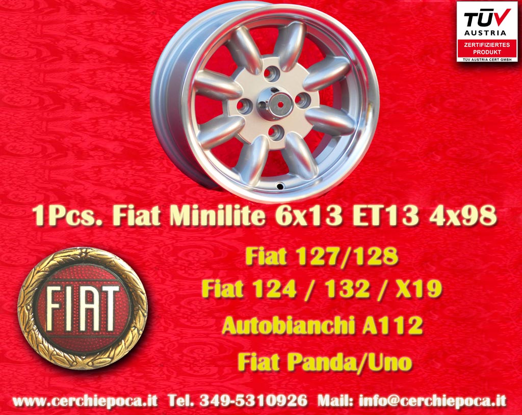 Cerchio Fiat Minilite Fiat Seicento Cinquecento Panda 124, 125, 127 128 131 132 X1/9 Spider  6x13 ET13 4x98 c/b 58.6 mm