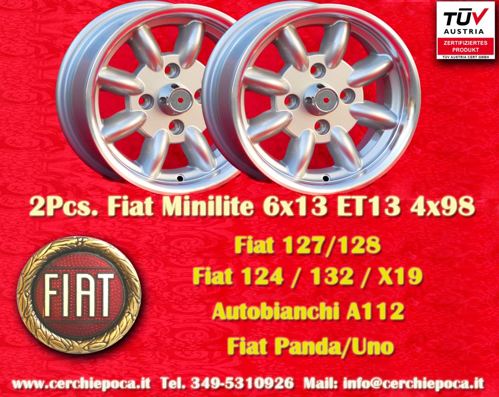 Fiat Minilite Fiat Seicento Cinquecento Panda 124, 125, 127 128 131 132 X1/9 Spider  6x13 ET13 4x98 c/b 58.6 mm Wheel