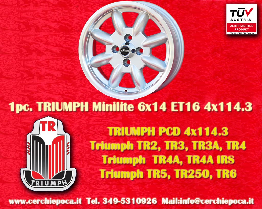 Jante Triumph Minilite Triumph TR2 TR3 TR4 TR5 TR6  6x14 ET16 4x114.3 c/b 76.6 mm