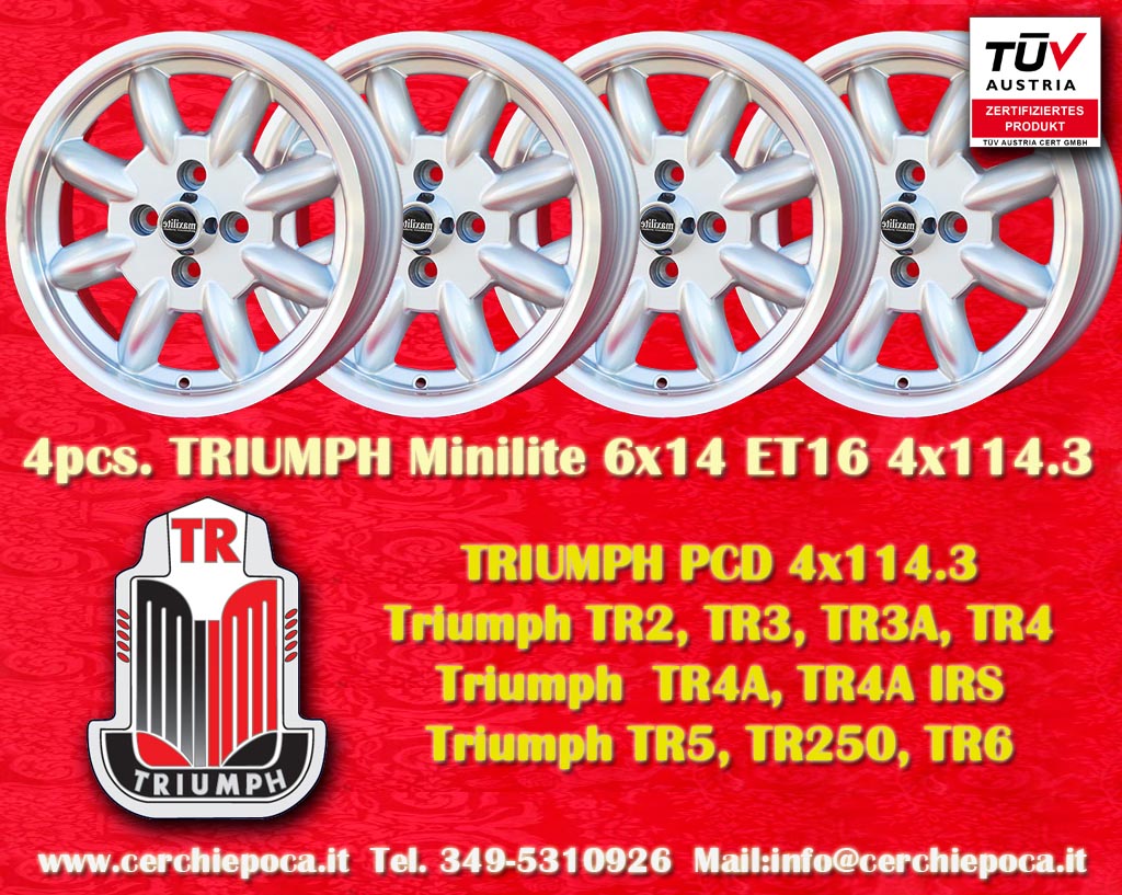 Jante Triumph Minilite Triumph TR2 TR3 TR4 TR5 TR6  6x14 ET16 4x114.3 c/b 76.6 mm