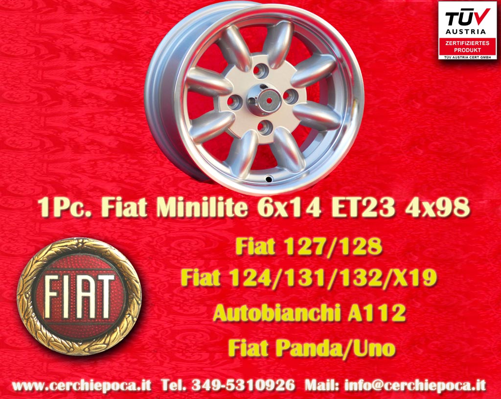 Fiat Minilite Fiat Seicento Cinquecento Panda 124, 125, 127 128 131 132 X1/9 Spider  6x14 ET23 4x98 c/b 58.6 mm Wheel