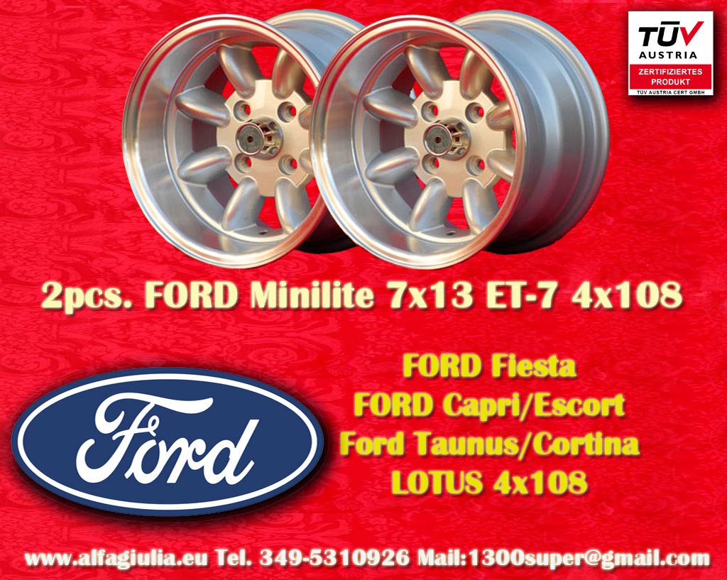 Ford Minilite Capri Taunus Escort Cortina Lotus Talbot  7x13 ET-7 4x108 c/b 63.4 mm Wheel