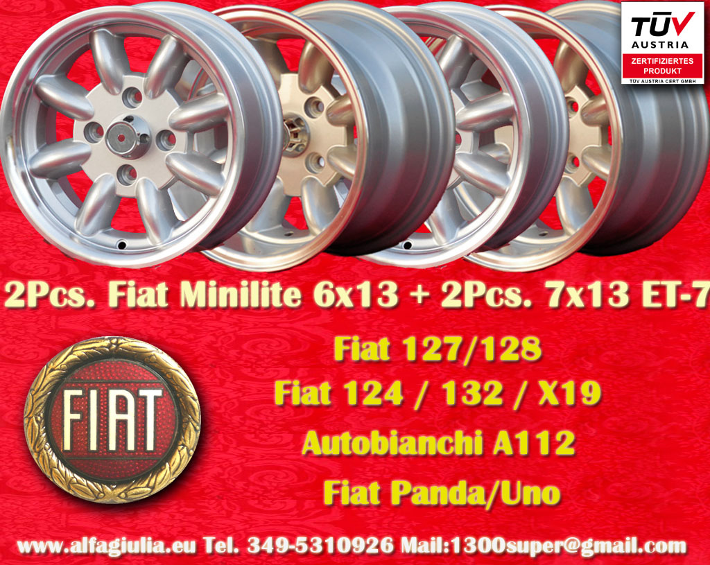 Fiat Minilite Fiat Seicento 124 125 127 128 131 132 X1/9 Spider  7x13 ET-7 4x98 c/b 58.6 mm Wheel