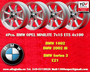 BMW Minilite BMW 1502 1602 2002 tii Serie 3 E21  7x15 ET5 4x100 c/b 57.1 mm Wheel