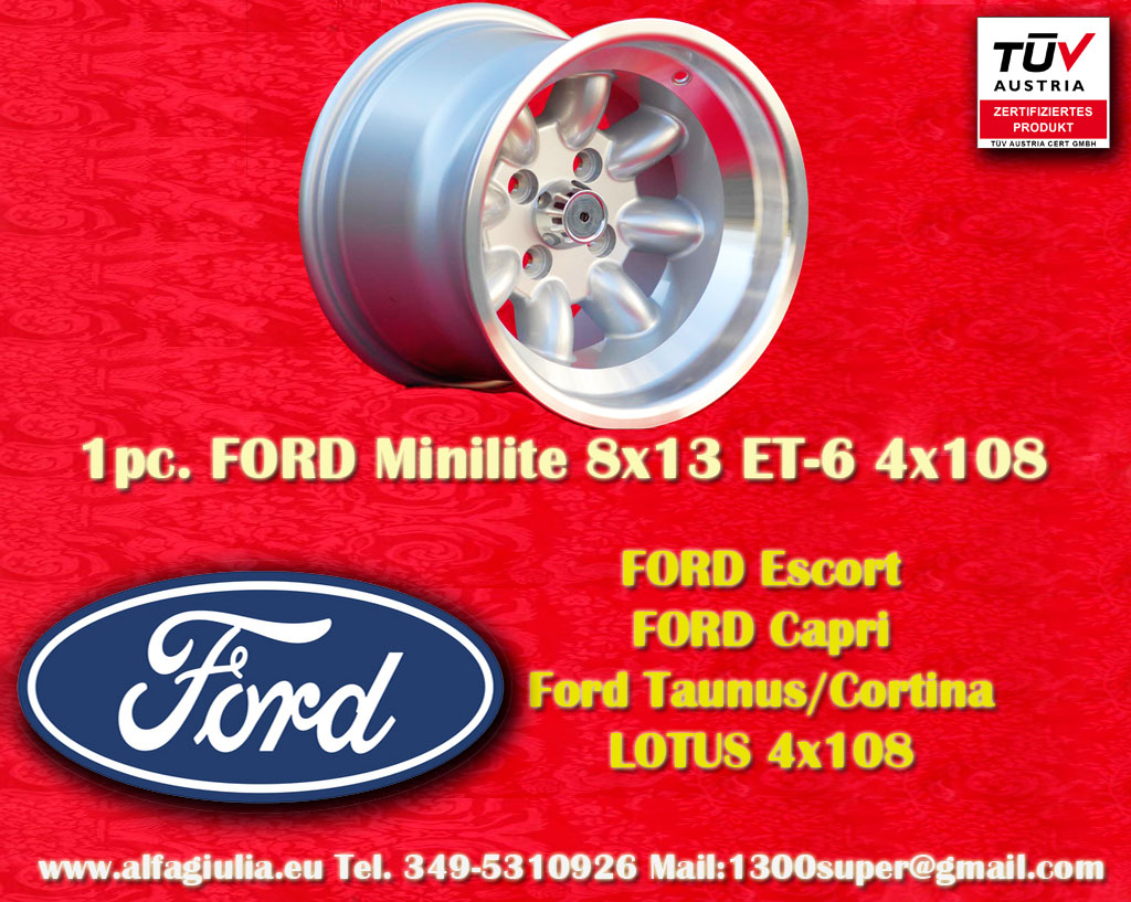Cerchio Ford Minilite Capri Taunus Escort Cortina Lotus Talbot  8x13 ET-6 4x108 c/b 63.4 mm
