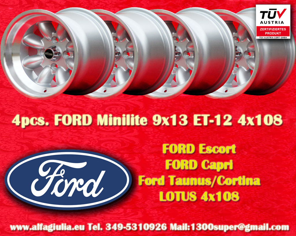 Ford Minilite Capri Taunus Escort Cortina Lotus Talbot  9x13 ET-12 4x108 c/b 63.4 mm Wheel