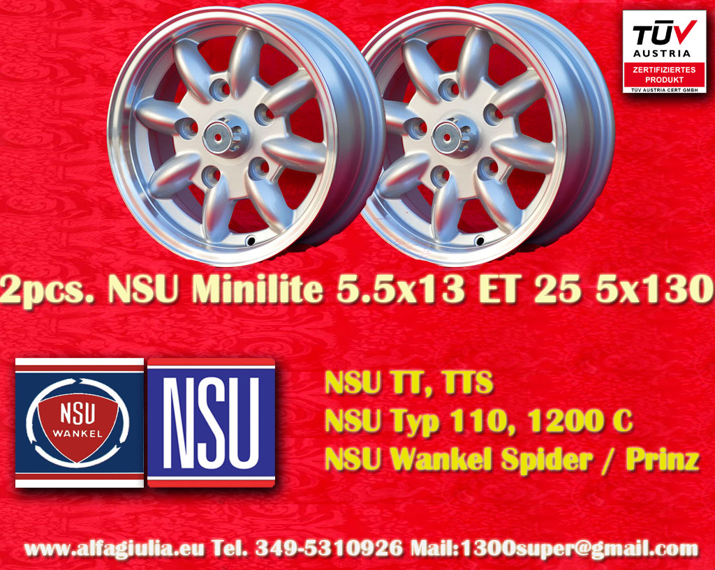 NSU Minilite NSU Prinz 1000 1200 600 Spider TT TTS  5.5x13 ET25 5x130 c/b 90.1 mm Wheel
