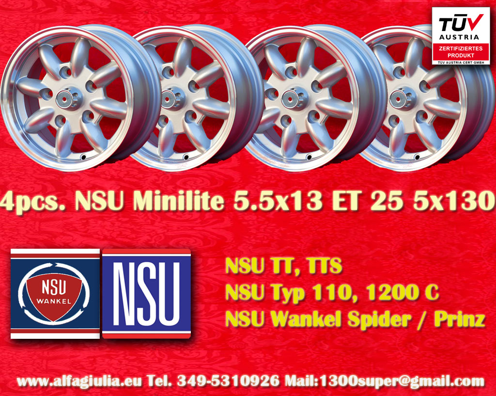 NSU Minilite NSU Prinz 1000 1200 600 Spider TT TTS  5.5x13 ET25 5x130 c/b 90.1 mm Wheel