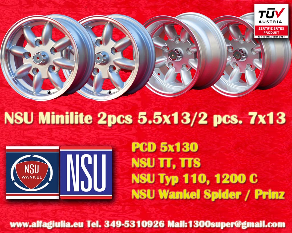 NSU Minilite NSU Prinz 1000 1200 600 Spider TT TTS  7x13 ET-7 5x130 c/b 90.1 mm Wheel