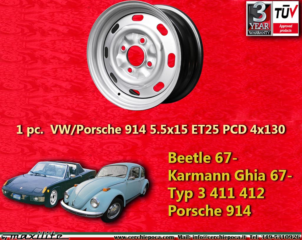 Volkswagen Steel VW Beetle 67- Karmann Ghia 67- Typ 3 411 412 Porsche 914   5.5x15 ET25 4x130 c/b 78.8 mm Wheel