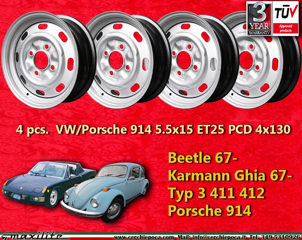 Volkswagen Steel VW Beetle 67- Karmann Ghia 67- Typ 3 411 412 Porsche 914   5.5x15 ET25 4x130 c/b 78.8 mm Wheel