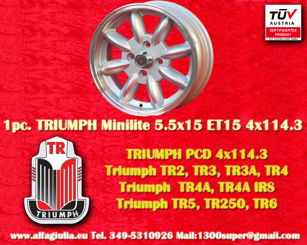 Triumph Minilite Triumph TR2 TR3 TR4 TR5 TR6  5.5x15 ET15 4x114.3 c/b 76.6 mm Wheel