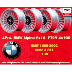 4 Stk Felgen BMW Alpina 8x16 ET28 4x100 silver/black 3 E21, E30