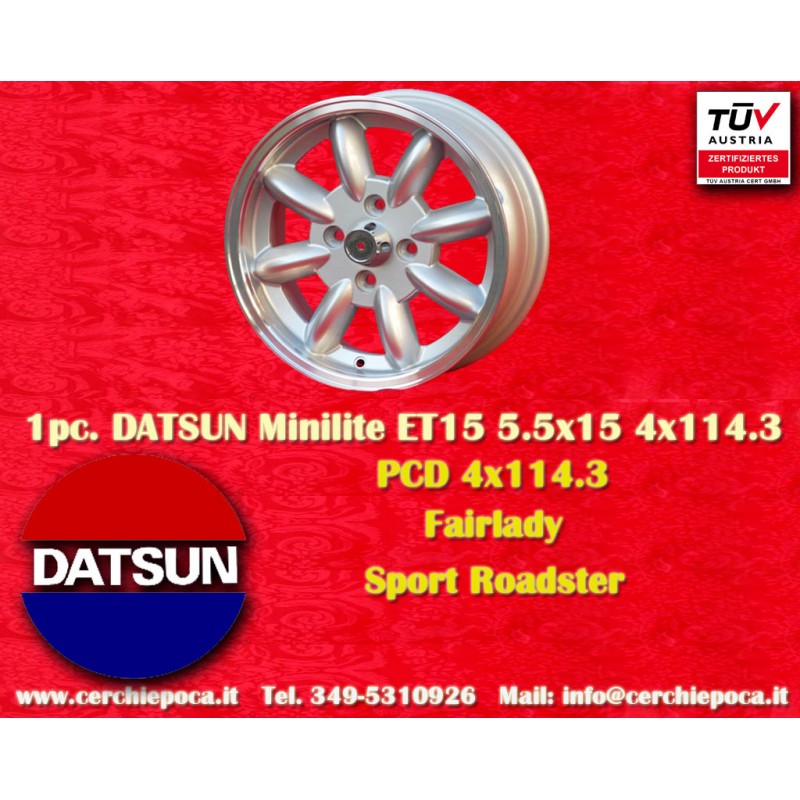 1 pz. cerchio Datsun Minilite 5.5x15 ET15 4x114.3 silver/diamond cut MBG, TR2-TR6, Saab 99