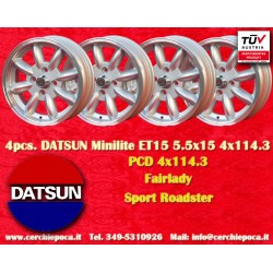 4 pz. cerchi Datsun Minilite 5.5x15 ET15 4x114.3 silver/diamond cut MBG, TR2-TR6, Saab 99