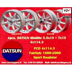 4 Stk Felgen Datsun Minilite 5.5x15 ET15 7x15 ET0 4x114.3 silver/diamond cut MBG, TR2-TR6, Saab 99