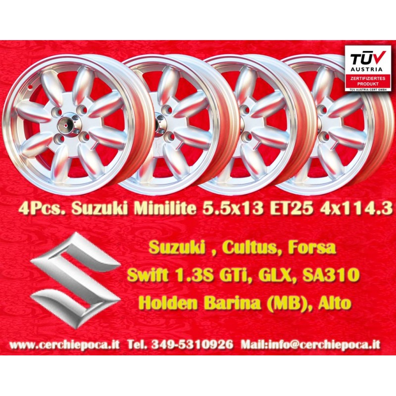 4 pcs. jantes Suzuki Minilite 5.5x13 ET25 4x114.3 silver/diamond cut 120 140 160 180,Toyota Corolla,Starlet,Carina