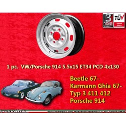 1 pz. cerchio Volkswagen Porsche OEM 5.5x15 ET34 4x130 silver Beetle 67- Karmann Ghia 67- Typ 3 411 412 Porsche 914