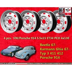 4 Stk Felgen Volkswagen Porsche OEM 5.5x15 ET34 4x130 silver Beetle 67- Karmann Ghia 67- Typ 3 411 412 Porsche 914