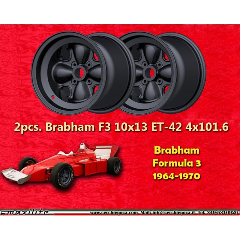 2 pcs. wheels Brabham F3 10x13 ET-42 4x101.6 black Formula 3 1964-1970 rear with flat bolt seat