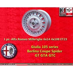 1 Stk Felge Alfa Romeo  Millerighe 6x14 ET23 4x108 silver Giulia TI Super 105 -1971 Giulietta 101 750