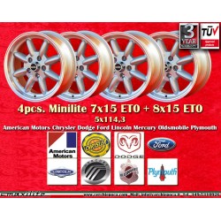 4 pcs. wheels CHRYSLER,FORD Minilite 7x15 ET0 8x15 ET0 5x114.3 silver/diamond cut Mustang V8 -1973,Falcon V8,Fairlane,To
