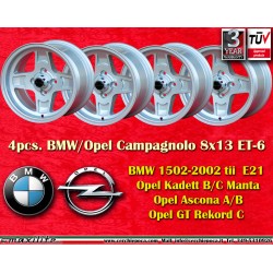 4 pz. cerchi BMW,Opel Campagnolo 8x13 ET-6 4x100 silver BMW 1502-2002 tii  E21, Opel Kadett B/C Manta Ascona A/B GT Reko