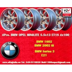 4 Stk Felgen BMW Minilite 5.5x13 ET18 4x100 silver/diamond cut 1502-2002tii, 3 E21