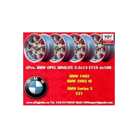 4 pcs. jantes BMW Minilite 5.5x13 ET18 4x100 silver/diamond cut 1502-2002tii, 3 E21