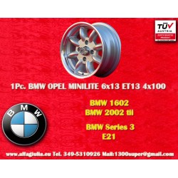 1 Stk Felge BMW Minilite 6x13 ET13 4x100 silver/diamond cut 1502-2002tii, 3 E21