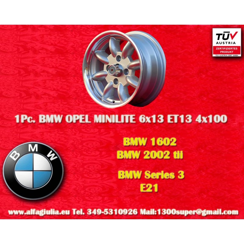 1 Stk Felge BMW Minilite 6x13 ET13 4x100 silver/diamond cut 1502-2002tii, 3 E21