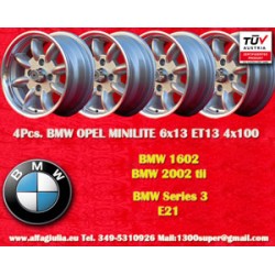 4 pz. cerchi BMW Minilite 6x13 ET13 4x100 silver/diamond cut 1502-2002tii, 3 E21