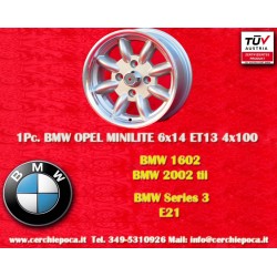 1 Stk Felge BMW Minilite 6x14 ET13 4x100 silver/diamond cut 1502-2002, 1500-2000tii, 2000C CA CS, 3 E21, E30   Opel Kade