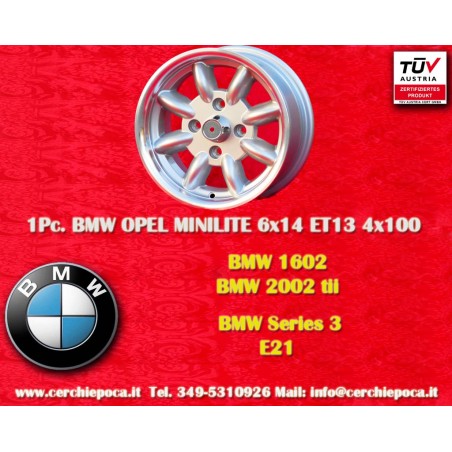 1 pz. cerchio BMW Minilite 6x14 ET13 4x100 silver/diamond cut 1502-2002, 1500-2000tii, 2000C CA CS, 3 E21, E30   Opel Ka