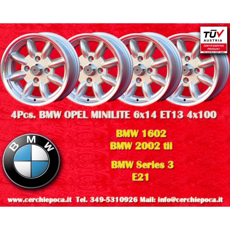 4 pcs. wheels BMW Minilite 6x14 ET13 4x100 silver/diamond cut 1502-2002, 1500-2000tii, 2000C CA CS, 3 E21, E30   Opel Ka