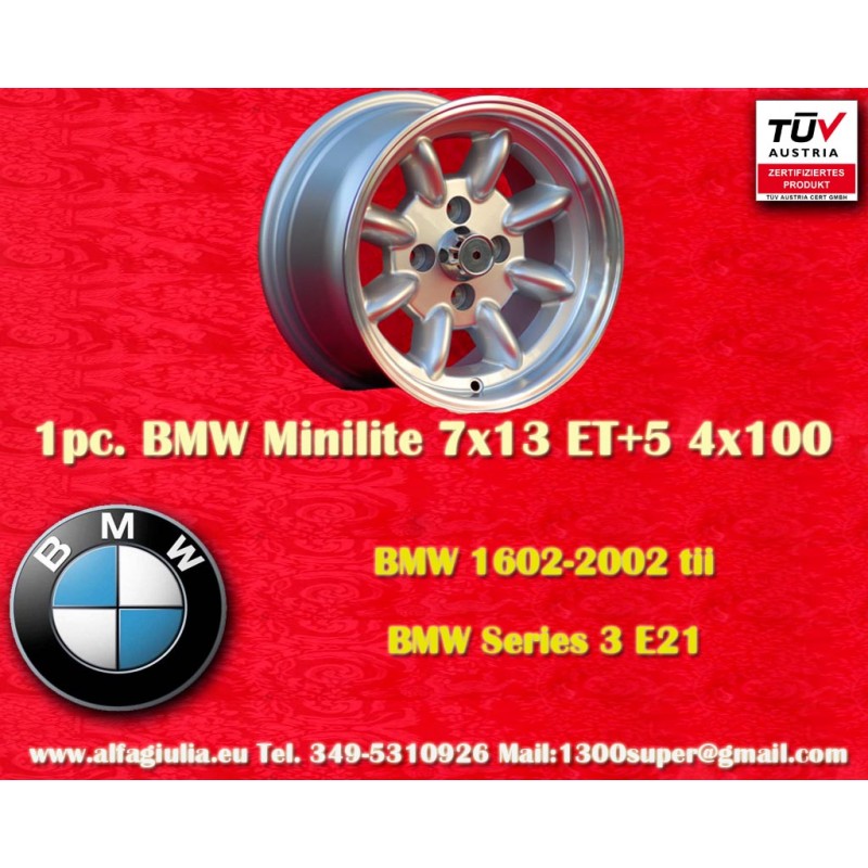 1 Stk Felge BMW Minilite 7x13 ET5 4x100 silver/diamond cut 1502-2002tii, 3 E21