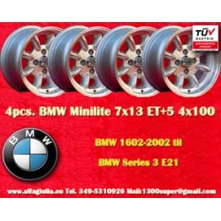 4 pz. cerchi BMW Minilite 7x13 ET5 4x100 silver/diamond cut 1502-2002tii, 3 E21