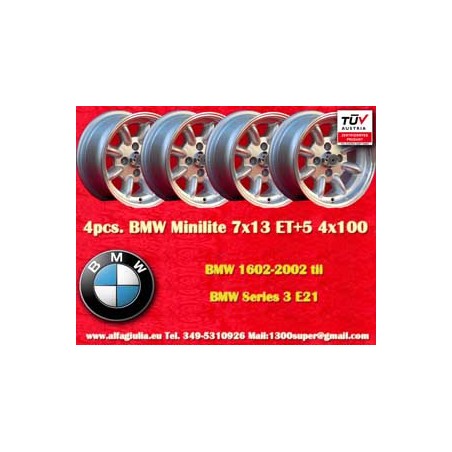 4 pz. cerchi BMW Minilite 7x13 ET5 4x100 silver/diamond cut 1502-2002tii, 3 E21