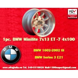 1 Stk Felge BMW Minilite 7x13 ET-7 4x100 silver/diamond cut 1502-2002tii, 3 E21