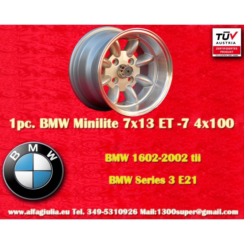 1 pc. wheel BMW Minilite 7x13 ET-7 4x100 silver/diamond cut 1502-2002tii, 3 E21