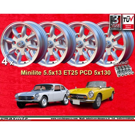 4 wheels Minilite 5.5x13 + nuts kit KM16 M10X1 5x28 60° 5x130 Honda NSU Honda S600 S800 NSU TT TTS 110 1200C Wankelspid