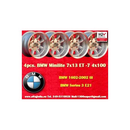 4 pz. cerchi BMW Minilite 7x13 ET-7 4x100 silver/diamond cut 1502-2002tii, 3 E21