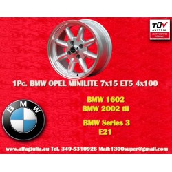 1 Stk Felge BMW Minilite 7x15 ET5 4x100 silver/diamond cut 1502-2002, 1500-2000tii, 2000C CA CS, 3 E21, E30