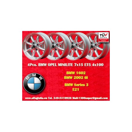 4 Stk Felgen BMW Minilite 7x15 ET5 4x100 silver/diamond cut 1502-2002, 1500-2000tii, 2000C CA CS, 3 E21, E30