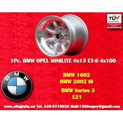 1 Stk Felge BMW Minilite 8x13 ET-6 4x100 silver/diamond cut 1502-2002 tii, 3 E21