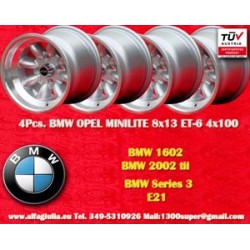 4 pcs. jantes BMW Minilite 8x13 ET-6 4x100 silver/diamond cut 1502-2002 tii, 3 E21